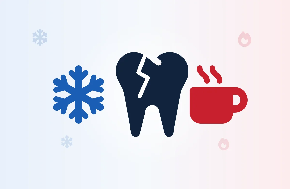 Illustration of a tooth with a jagged crack between a snowflake and a steaming cup, representing pain triggered by cold and hot