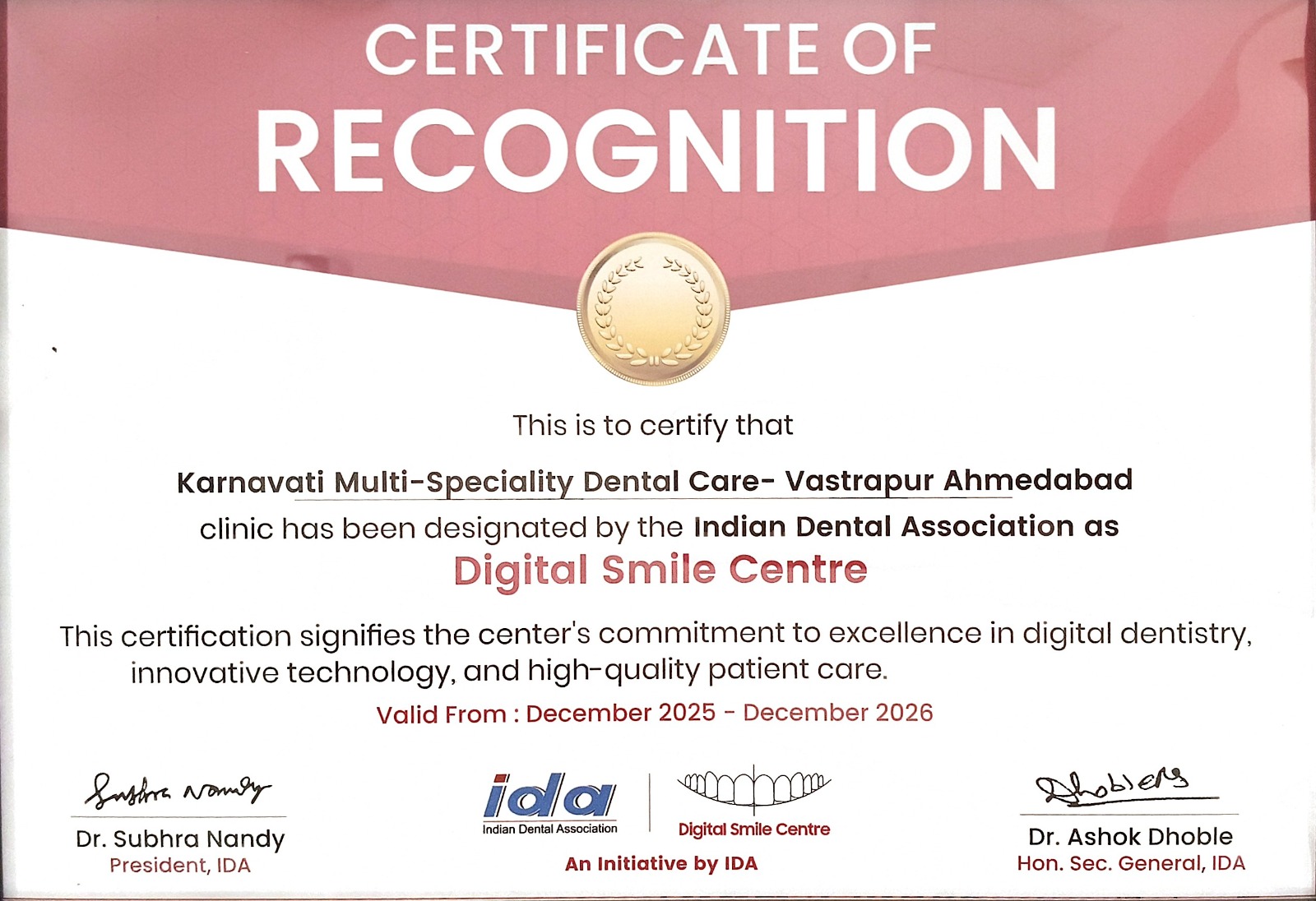 Indian Dental Association certificate of recognition designating Karnavati Multi-Speciality Dental Care, Vastrapur Ahmedabad as a Digital Smile Centre, valid December 2025 – December 2026
