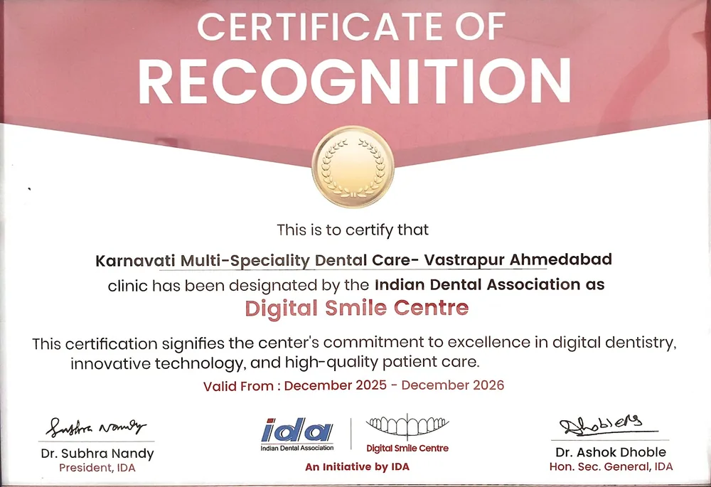 Indian Dental Association certificate of recognition designating Karnavati Multi-Speciality Dental Care, Vastrapur Ahmedabad as a Digital Smile Centre, valid December 2025 – December 2026