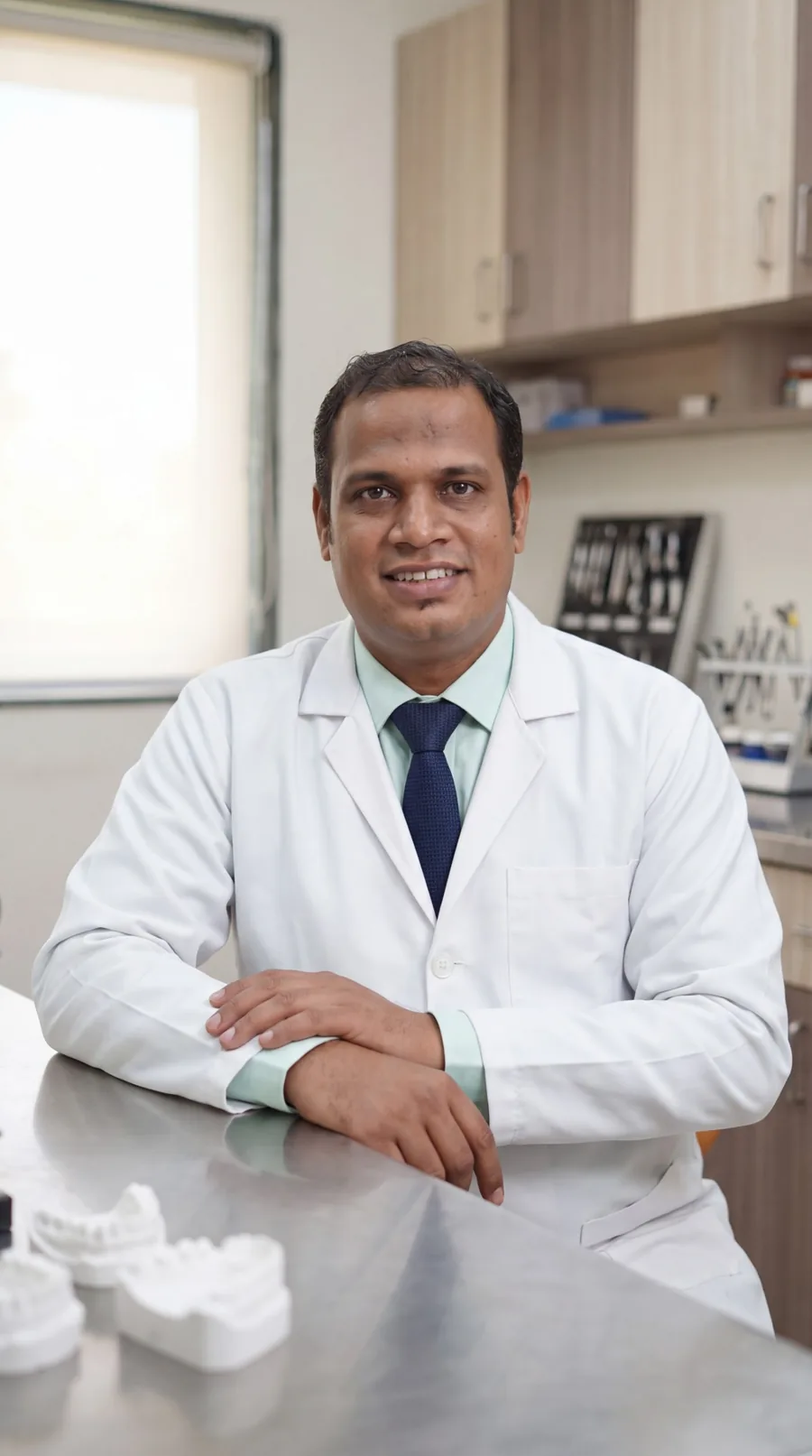 Dr. Ankit M. Bhagora using clinical equipment in the laboratory at Karnavati Dental Care, Vastrapur, Ahmedabad