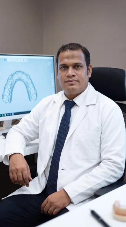 Dr. Ankit M. Bhagora reviewing a 3D intraoral scan at Karnavati Dental Care in Vastrapur, Ahmedabad
