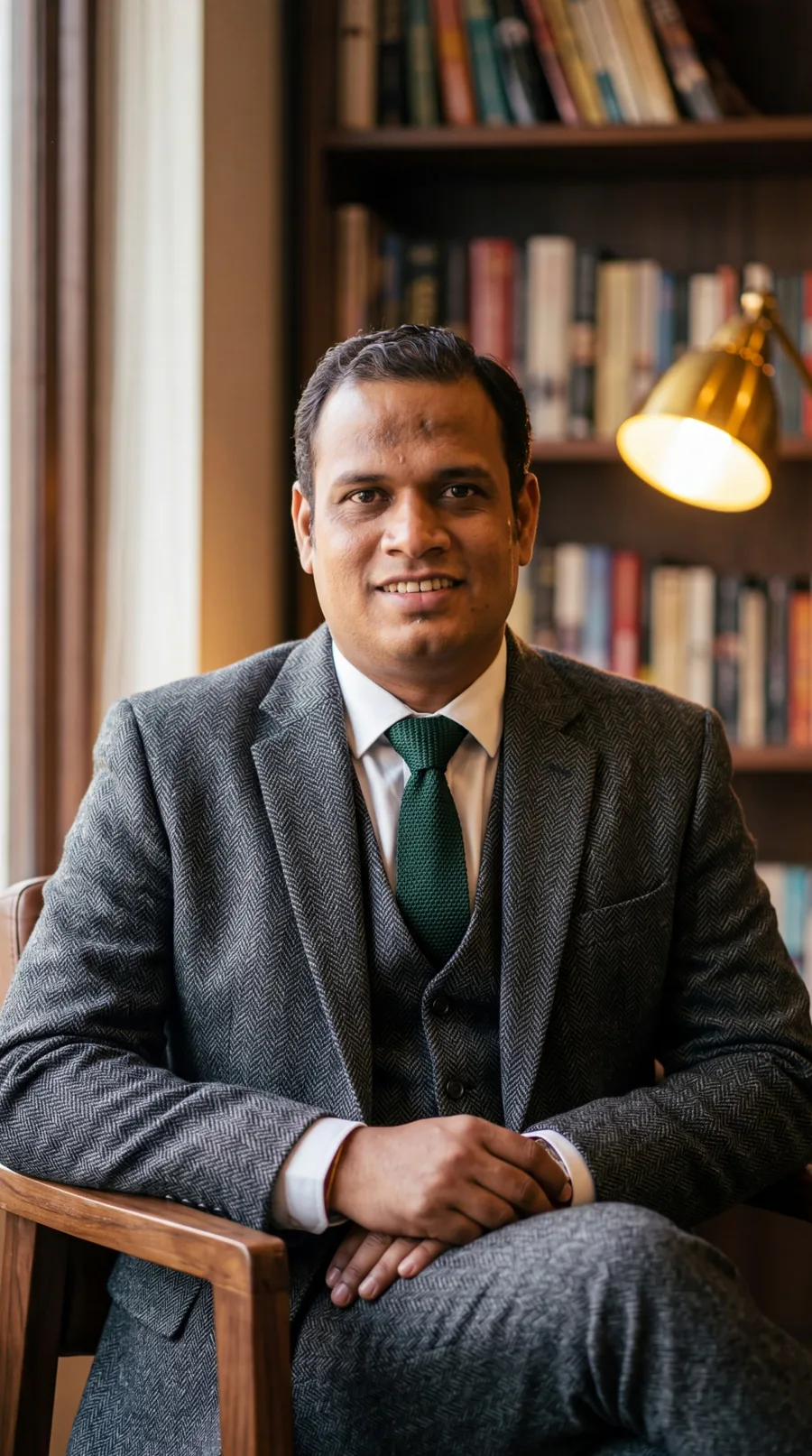 Dr. Ankit M. Bhagora in a grey tweed three-piece suit and green tie, seated in a wooden chair in front of a bookcase