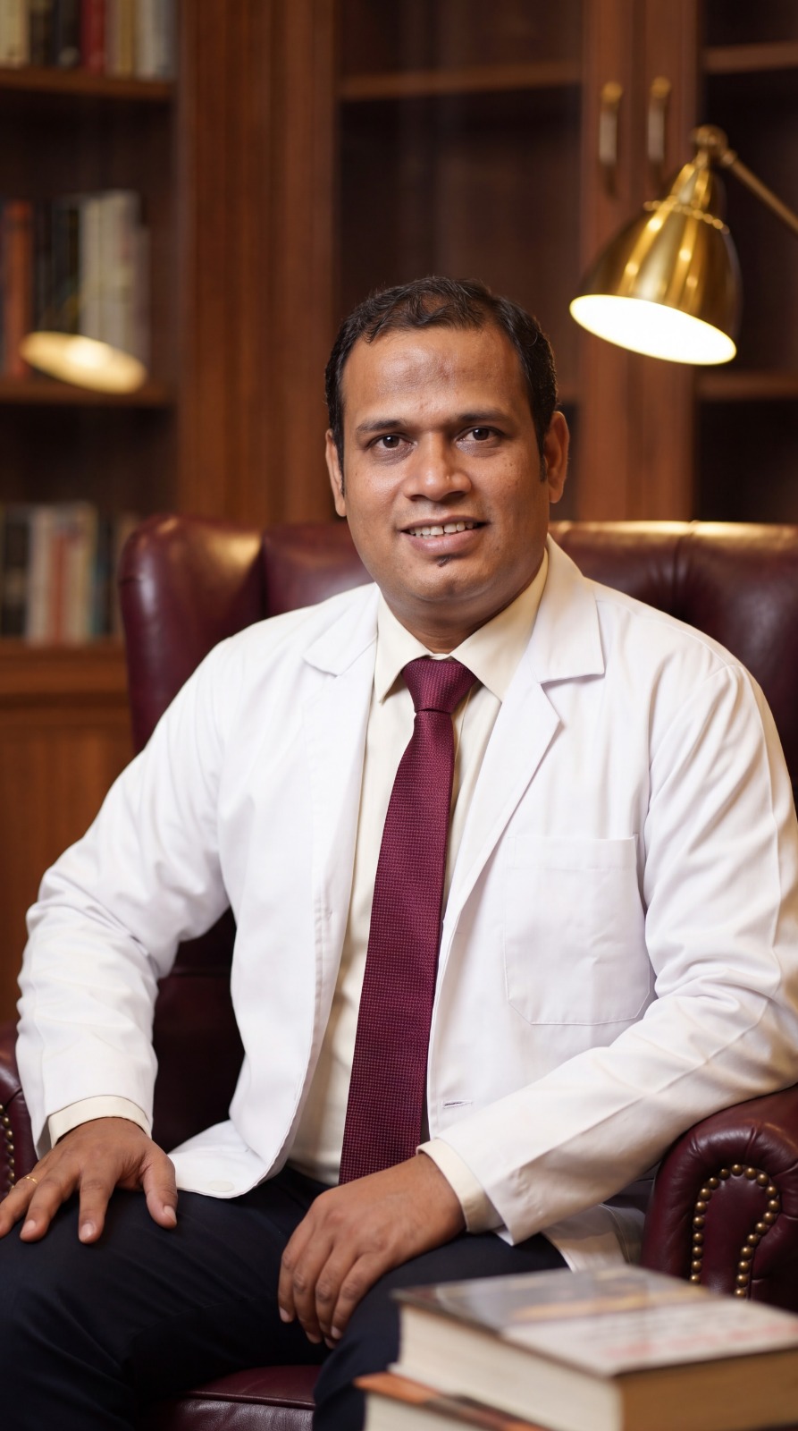 Dr. Ankit M. Bhagora in a white coat and maroon tie, seated in a leather armchair in a wood-panelled study lined with books