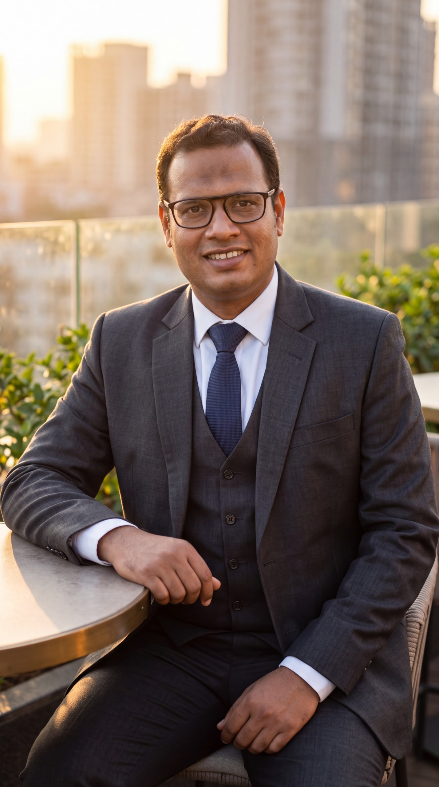 Dr. Ankit M. Bhagora in a dark suit and glasses, seated at a round rooftop table at sunset with the Ahmedabad skyline behind him